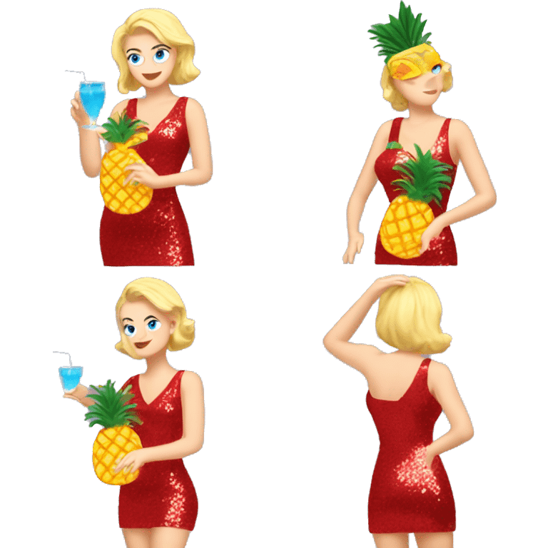 blonde white woman with blue eyes dancing in short red sequin dress while drinking pineapple cocktail emoji