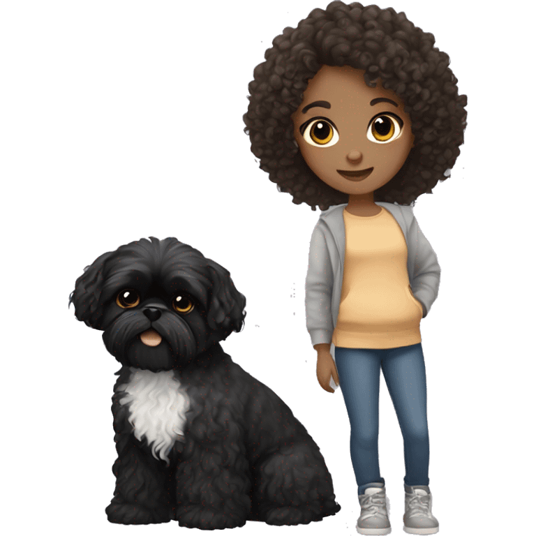 brunette curly haired girl with black shih tzu dog emoji