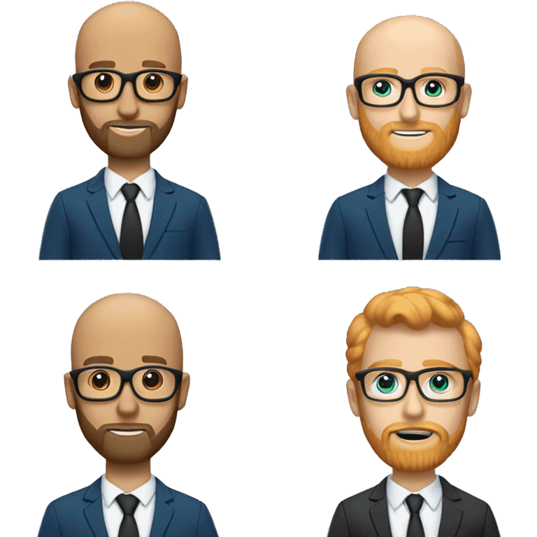 White groom with black glasses blue eyes no hair green suit strawberry blonde large beard emoji