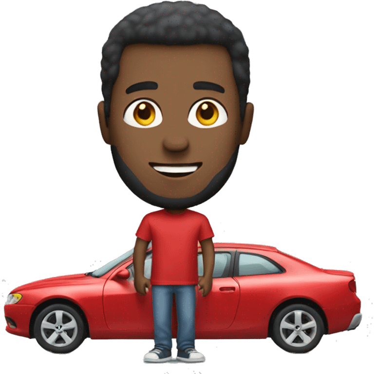 Man wearing a red tshirt holding a car emoji