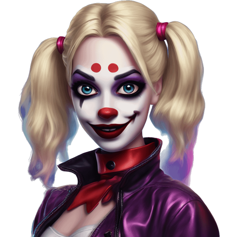 Synthwave Harley Quinn in Uncle Scrooge style, oil paint, mysterious eyes, intricate lips, masterpiece pose, beautiful, desirable, logical emoji