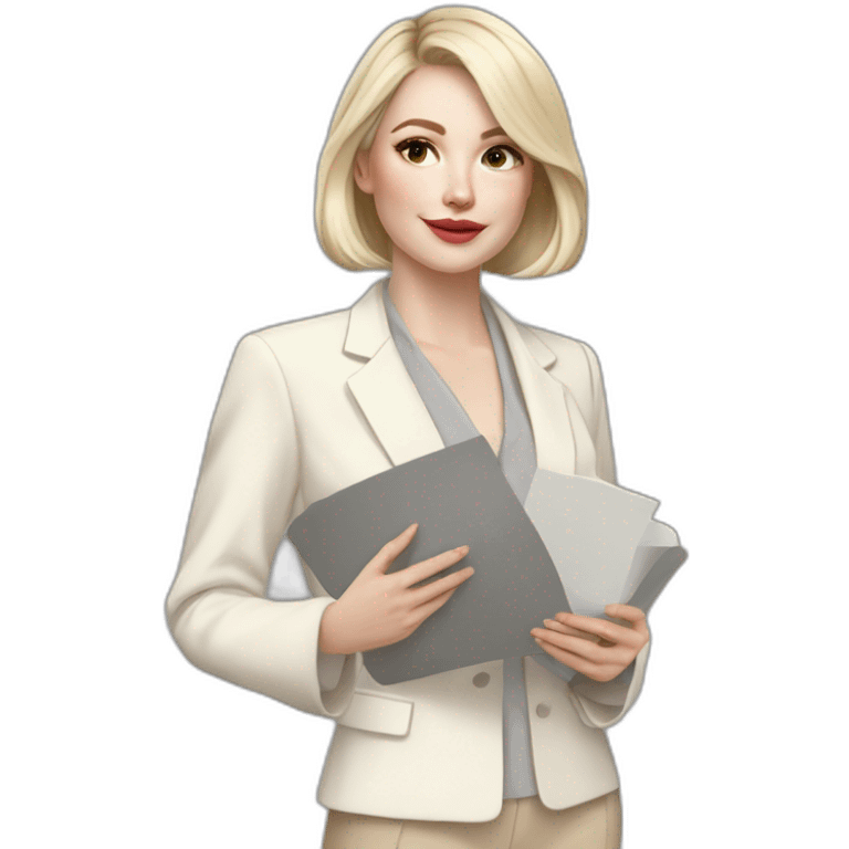 pale skin woman with ash blonde Straightened bob Hair, White Spacious classical jacket, beige palazzo Arrow pants and gray blouse holding a color palette in the hands emoji