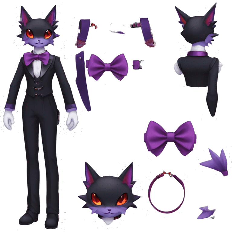  kawaii edgy cute black purple red ethereal fantasy beautiful elegant nargacuga-Noivern-cat-Fakemon collar harness bow tie and bracers full body emoji