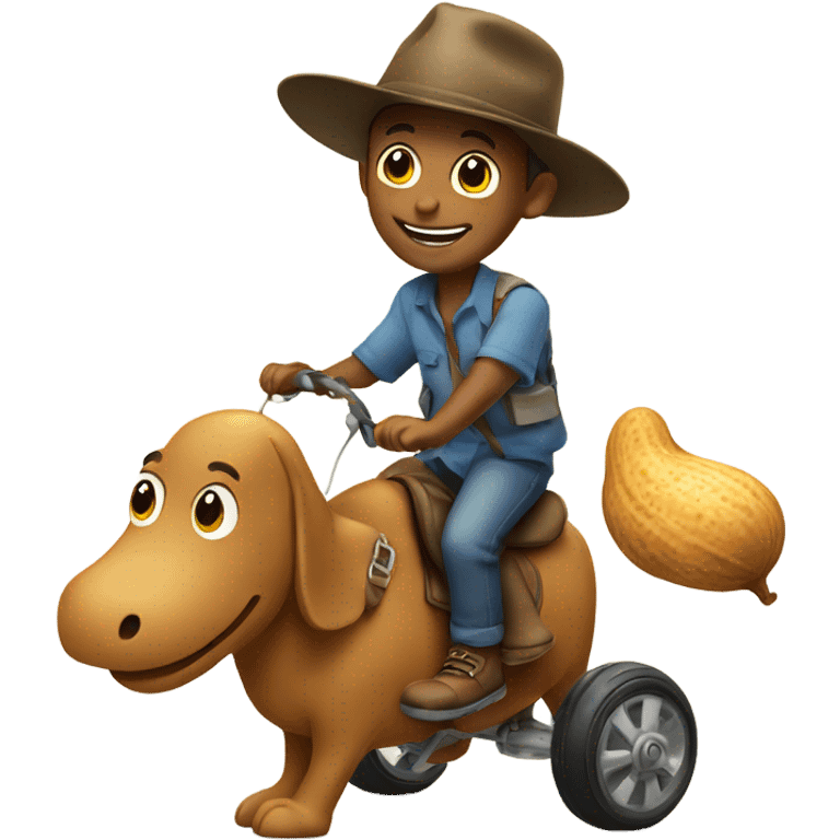 smiling boy in hat riding on a walking peanut emoji