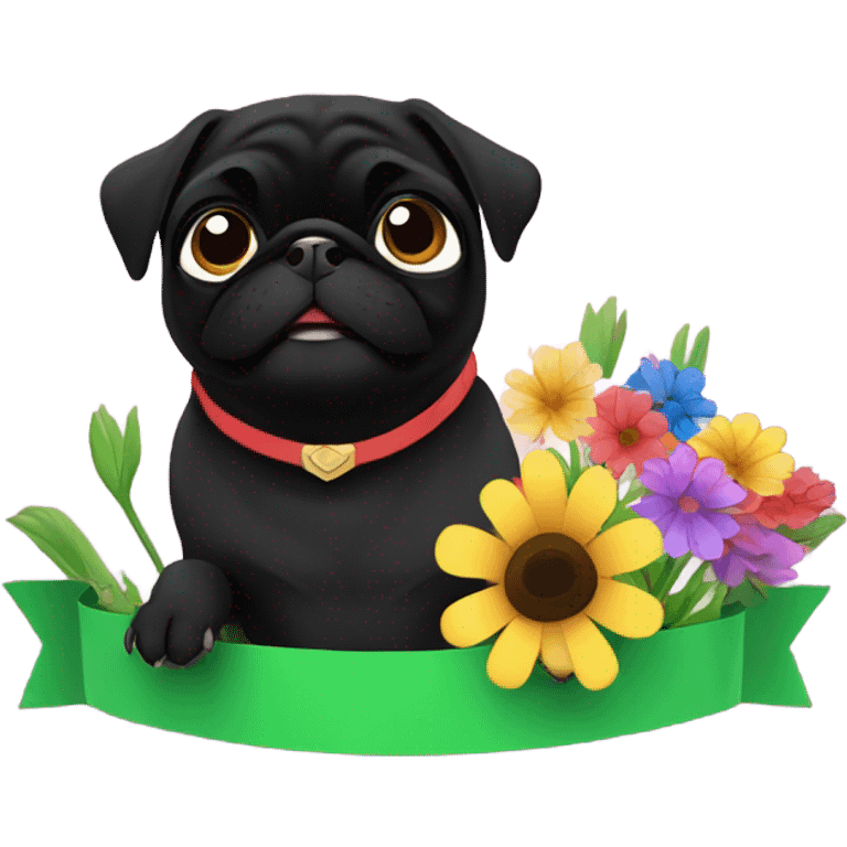 Black pug , surrounded by flowers, holding a green sign that says “good luck”  emoji