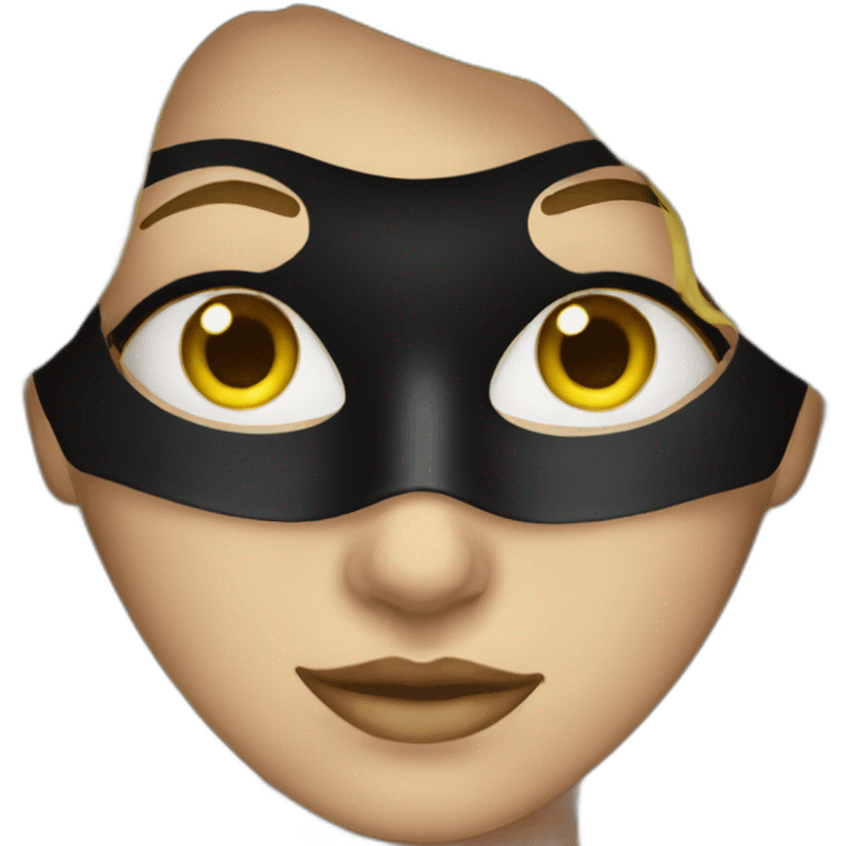 A woman wearing a black mask, with blue eyes and yellow hair emoji