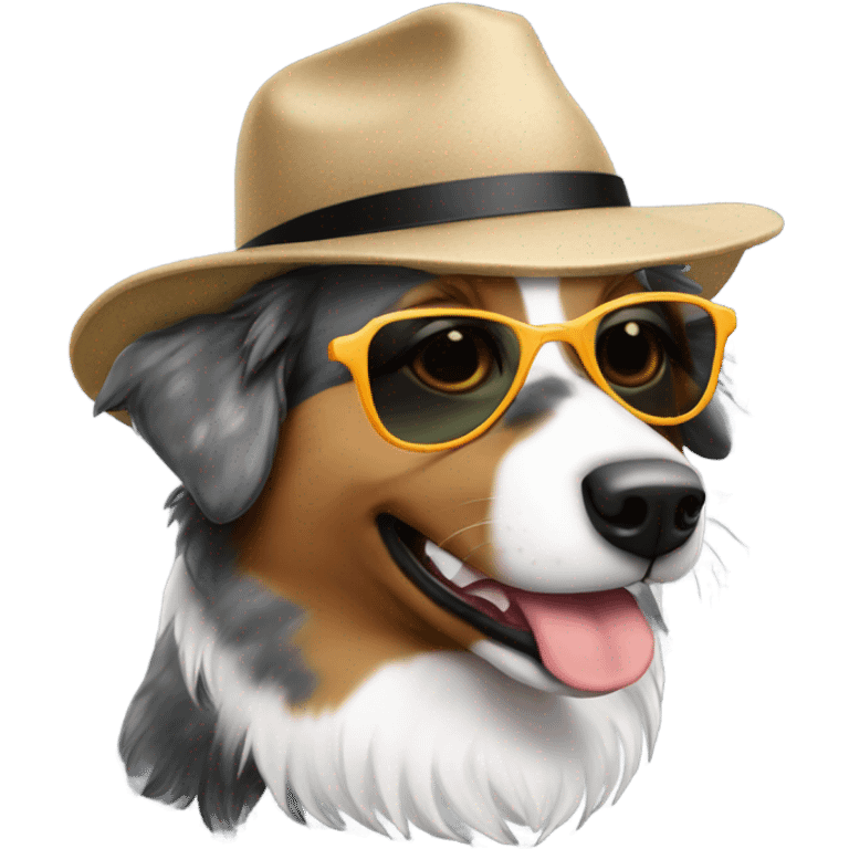 Australian shepherd wearing a hat and sunglasses emoji