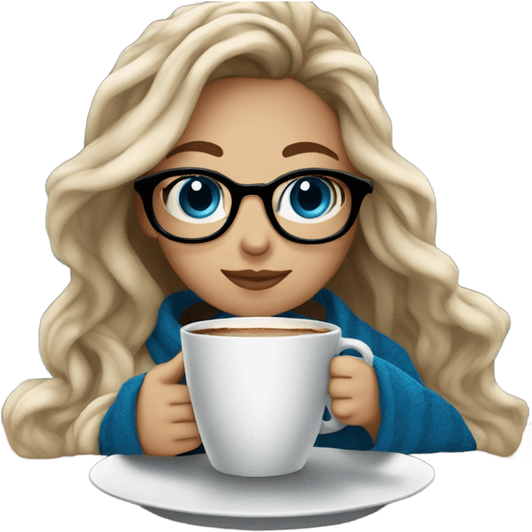 Balayage hair Girl drinking coffee, with a cozy blanket wearing glasses with blue eyes beautiful  emoji