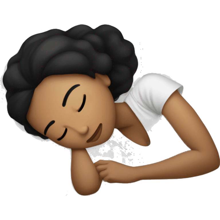 Sleeping woman laying with light brown skin and black hair laying on white pillow in large bed with black covers cozy emoji