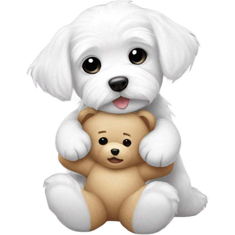 White maltese dog hugging a teddy bear emoji