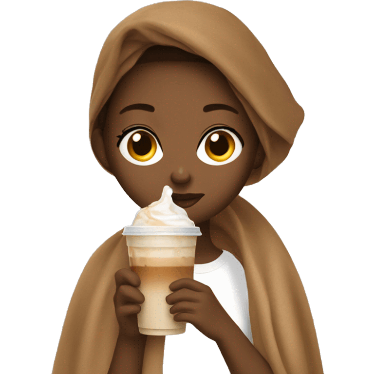 Girl sipping iced latte in brown blanket emoji