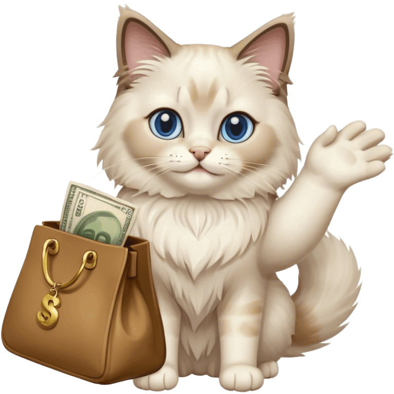 the ragdoll cat waves its paw and holds a bag of money emoji