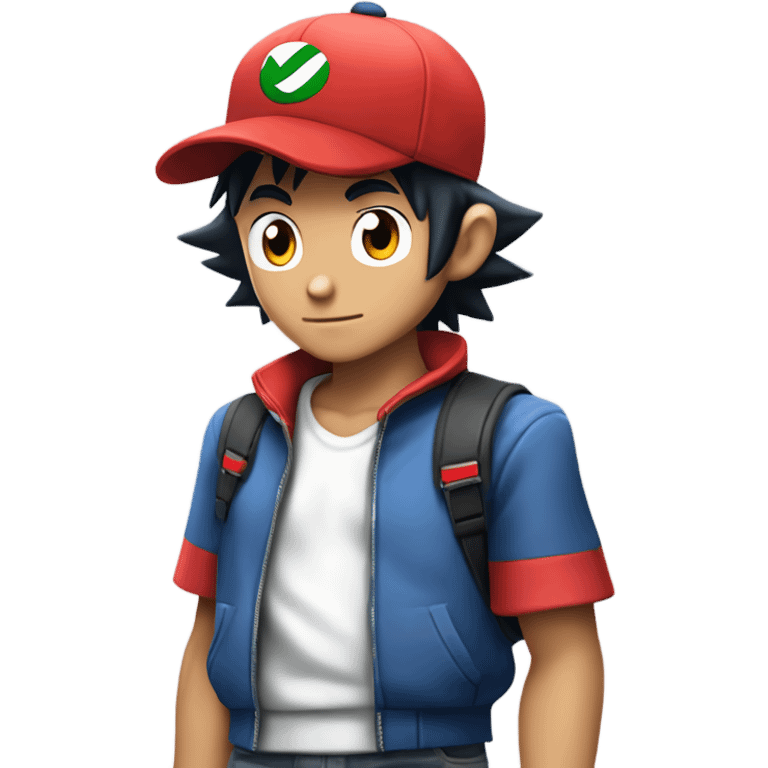 ASH ketchum, pokemon trainer with his spiky black hair showing from beneath his signature red and white baseball cap.  emoji