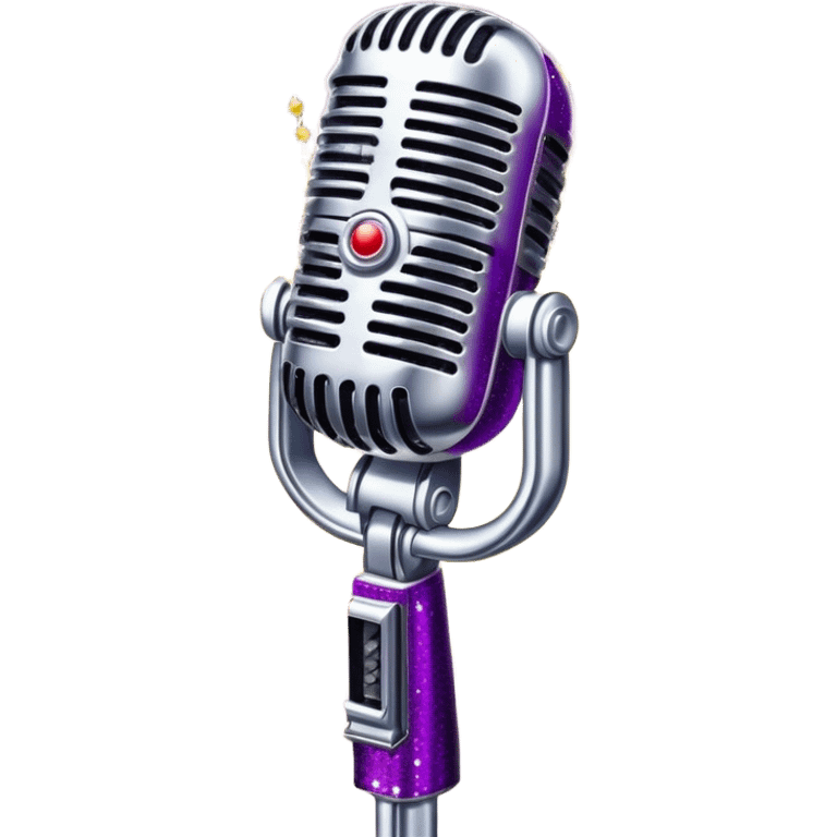 Create a glamorous and vibrant emoji representing stage vocal performance. The design should feature a humanless collage of classic vintage microphone, stage costume covered in rhinestones, sparkling brightly. The costume should be stylized, with glittering elements like sequins and sparkles, and reflect the glitzy, extravagant nature of show business. The microphone should have a sleek, retro look with chrome or metallic accents. Use rich, dazzling colors like gold, silver, deep purple, and bright red to evoke the glamorous, larger-than-life feel of a stage performance. The background should be transparent. emoji