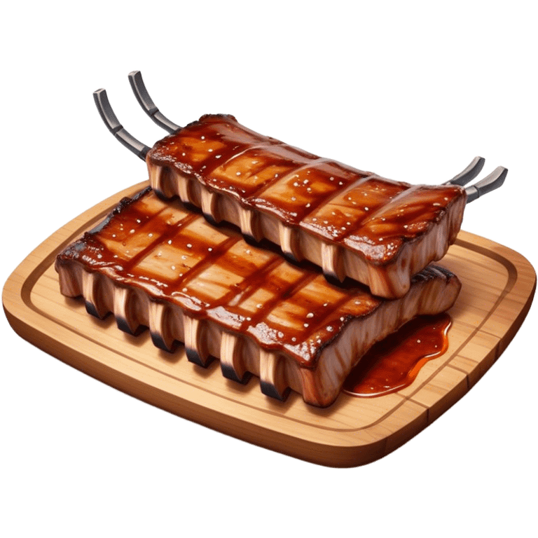 Cinematic juicy grilled ribs, glistening with smoky barbecue sauce, charred edges, tender meat falling off the bone, sizzling on a hot grill, mouthwatering and rich, warm and inviting, ultra-realistic and delicious. emoji