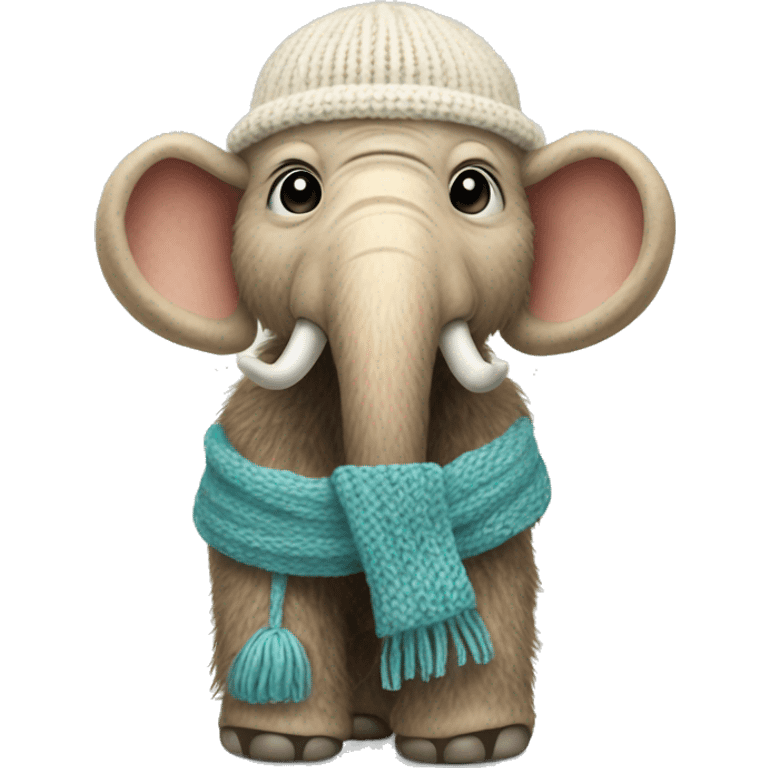 a baby mammoth in a small knitted hat and a narrow knitted scarf emoji