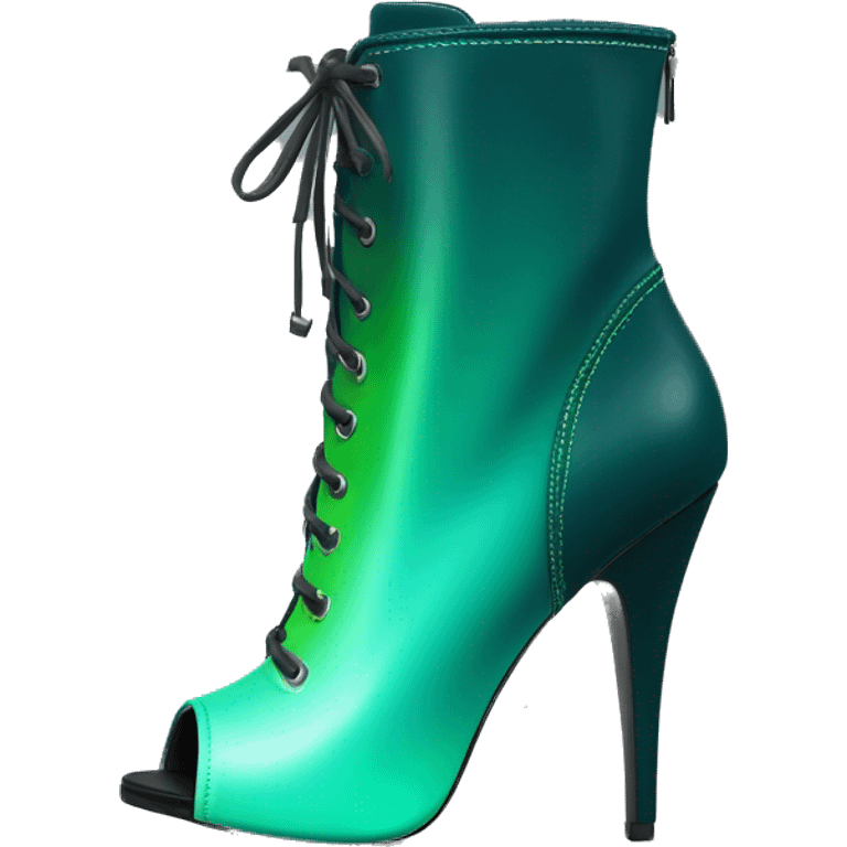 Realistic isolated top front view of a pair of dark teal,lime green,mint green and emerald green ombre high heel peep toe ankle bootie boots. emoji