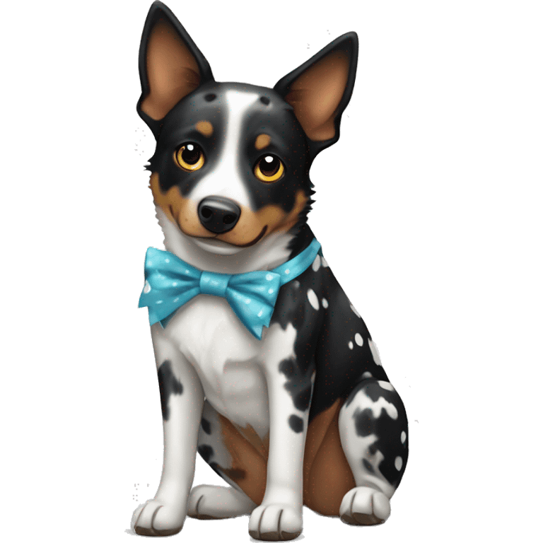 Black and white spotted Australian cattle dog, with bows emoji