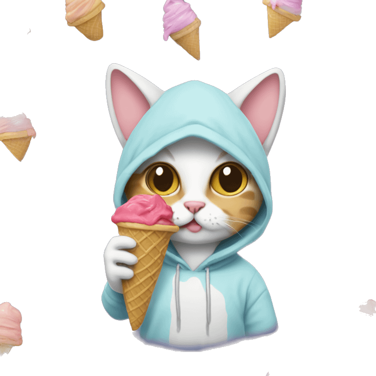 cat eating ice cream while wearing a hoodie emoji