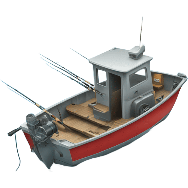 A little aluminium open fishing boat with an outboard motor and lots of fishing rods on the sea emoji