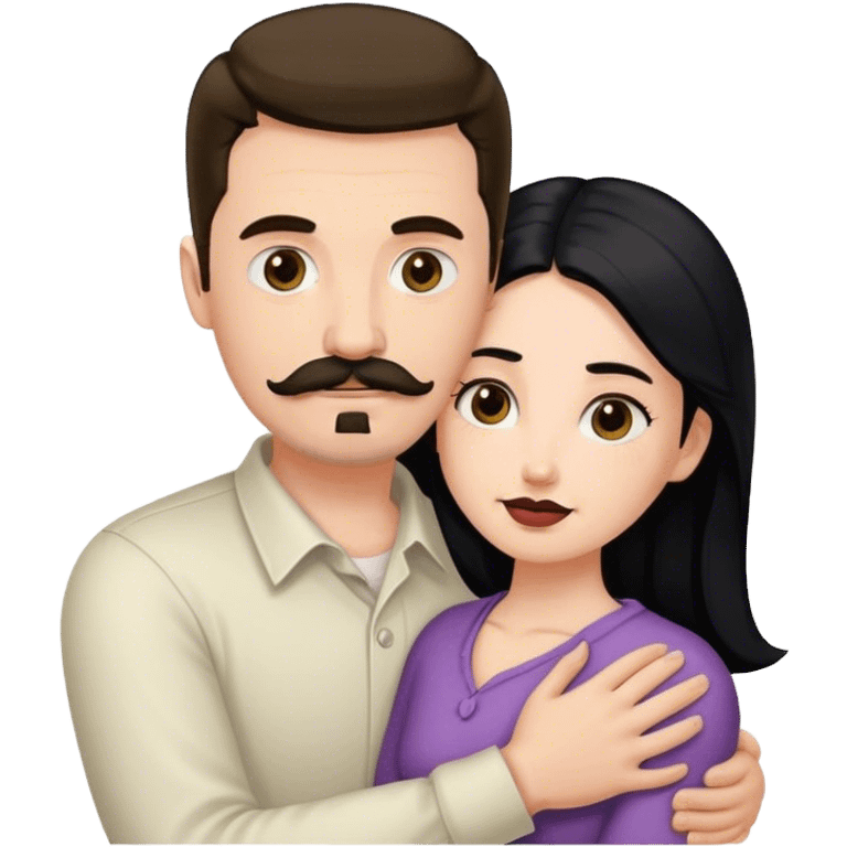 Tall white man with dark brown mustache and goatee hugging a short pale woman with long black hair emoji