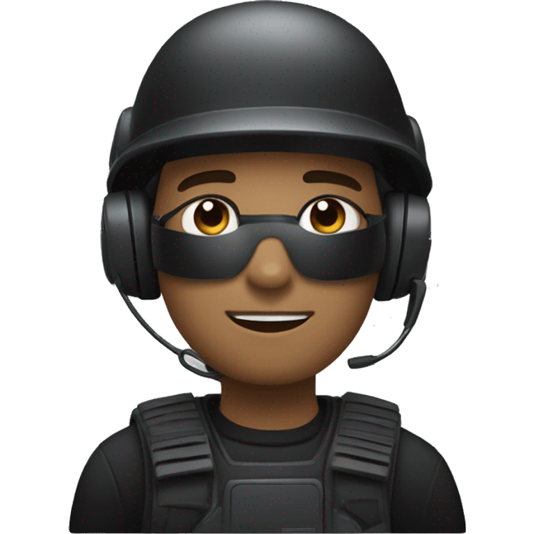 operator dressed in black with a milatary helmet, without glasses, wearing a headset, ready to respond to alerts, preferably male white emoji