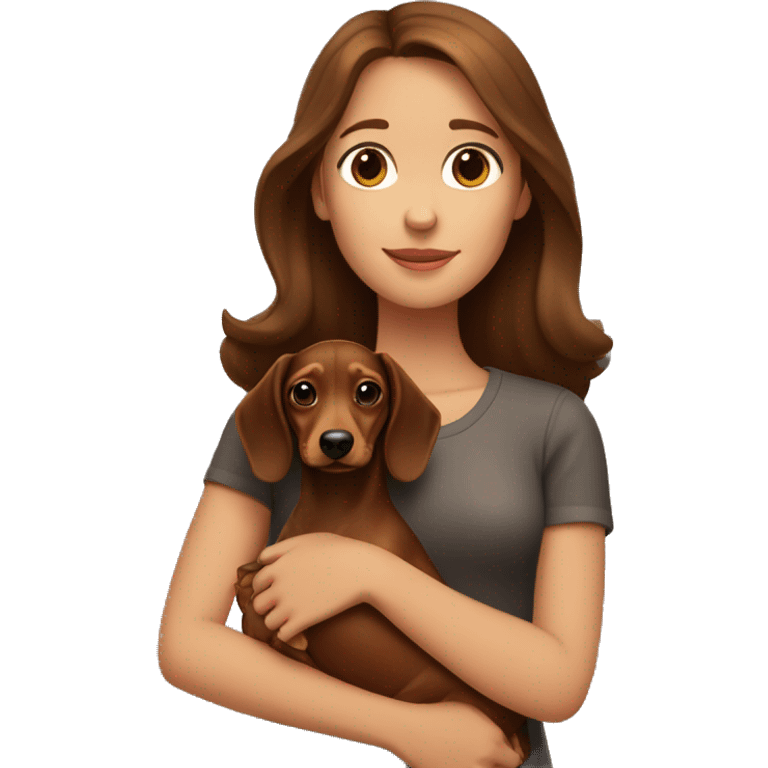 A girl with brown hair with a brown dachshund in her arms emoji