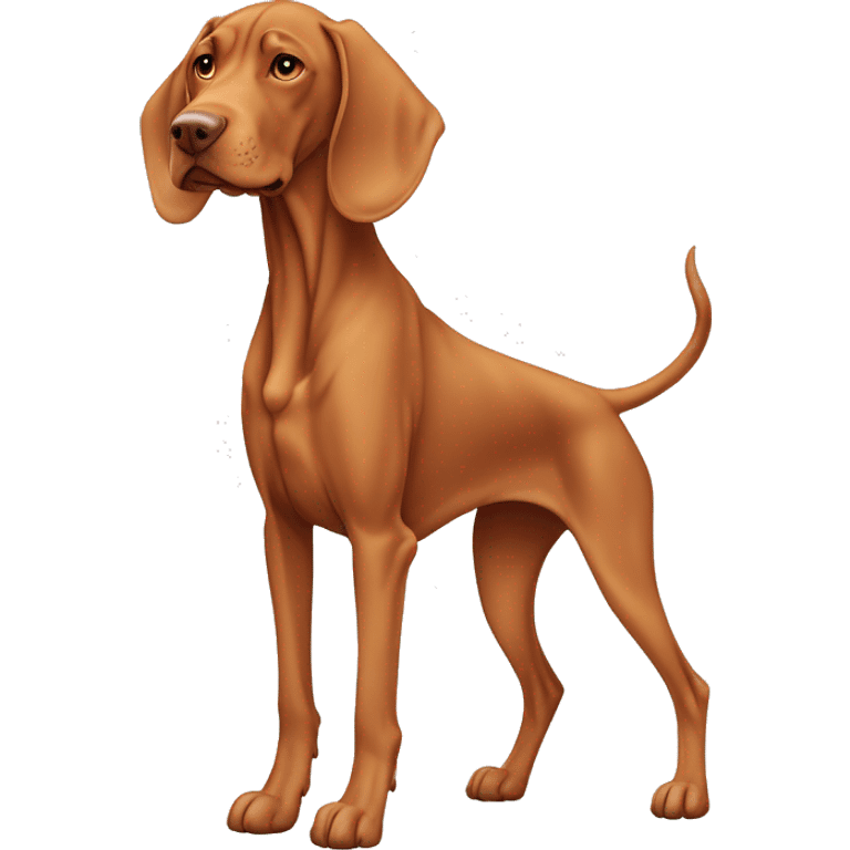 Grown Vizsla dog standing stocky. Droopy ears. Long legs. Light-colored paws. Faded-color face.  emoji