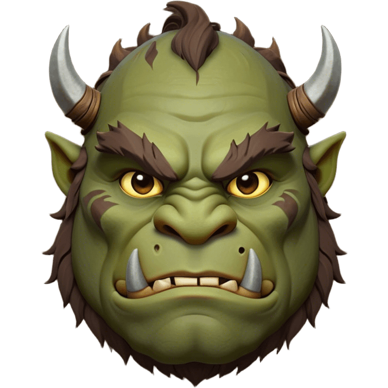 Cinematic Noble Ogre Portrait Emoji, Majestic and imposing, with a rugged, muscular form in deep earthy greens and browns, adorned with battle scars and subtle tribal markings, exuding calm, noble strength and unexpected wisdom, simplified yet strikingly detailed, glowing with a shadowy outline that captures the essence of a gentle giant with fierce heart! emoji