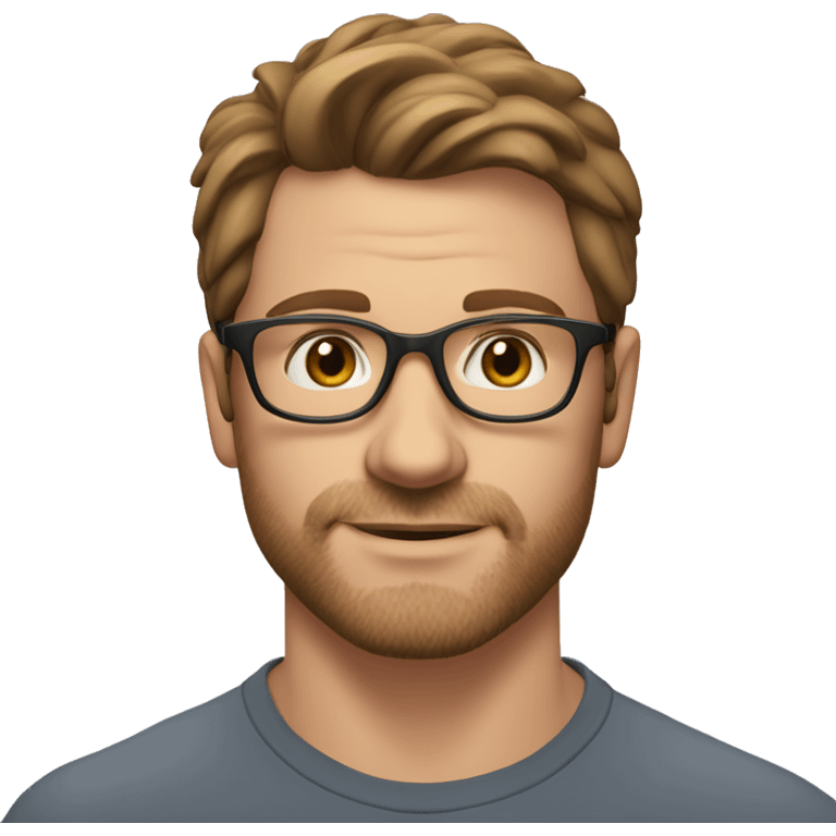 A head and shoulders shot of a 32 year old White man, with medium brown hair, with stubble facial hair,  wearing glasses with brown eyes wearing a t-shirt. emoji