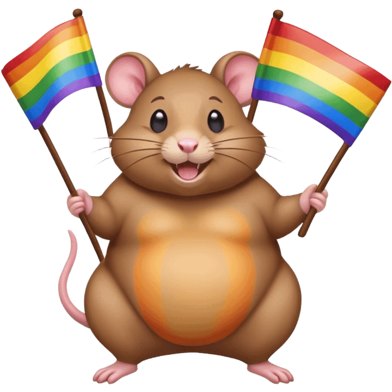 Fat rat holding rainbow flags looking excited  emoji