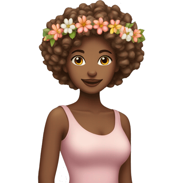 pretty woman wearing a flower garland on her head with curly hair emoji