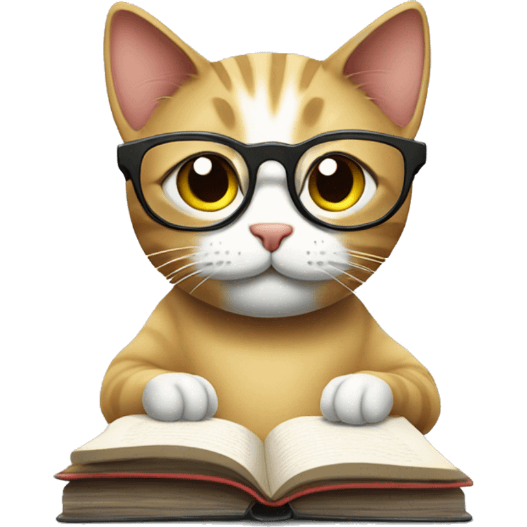 Cat studying, glasses, books, laptop emoji