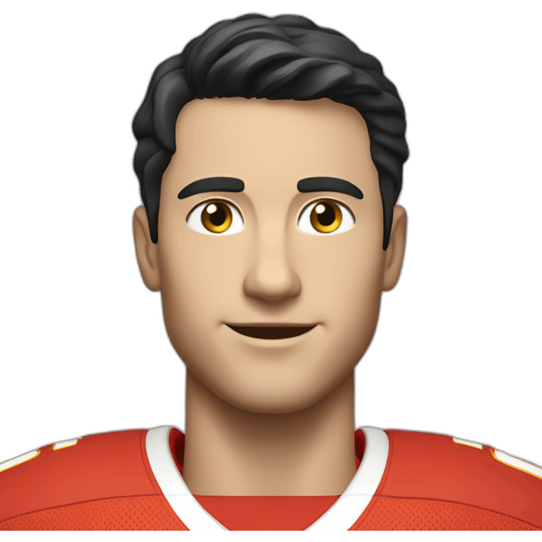 A young smiling white man with a long face in red Ferrari jersey with very short black hair and light green eyes and dig cheeks emoji