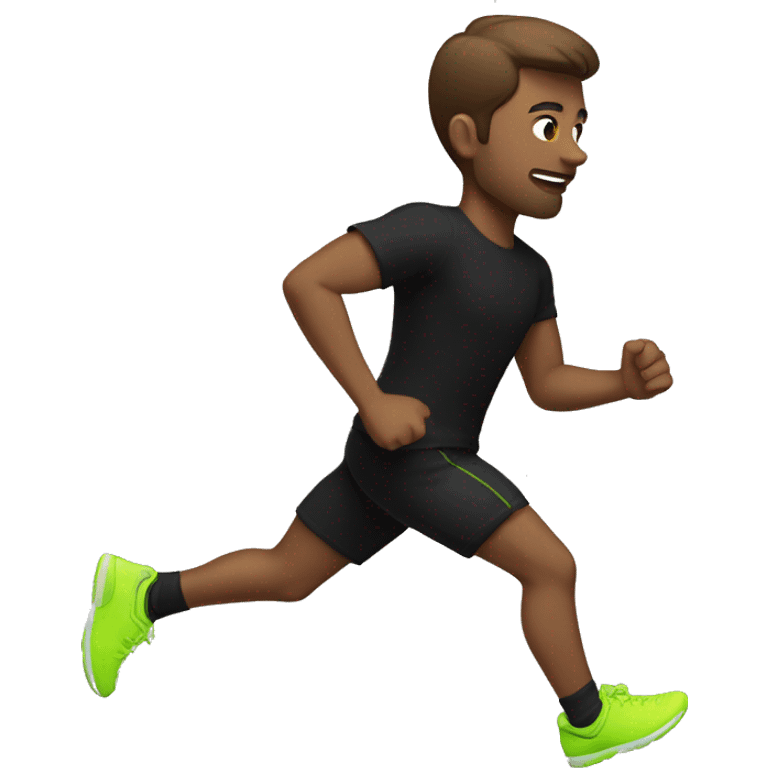 White male brown hair wearing black t shirt and black short with neon green running shoes running emoji