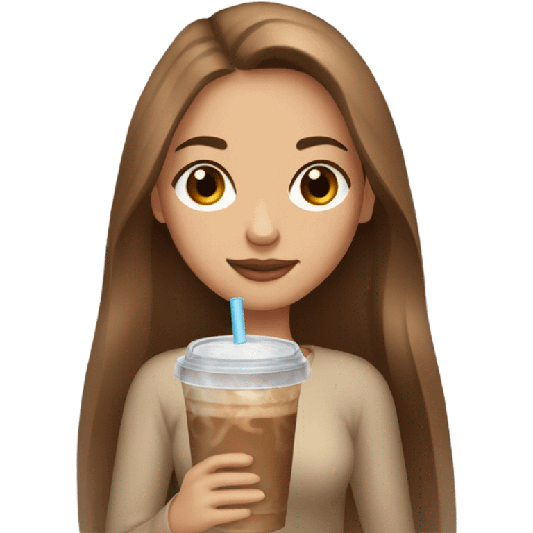 Beautiful woman, straight long light brown hair, brown eyes, cozy holding an iced coffee emoji