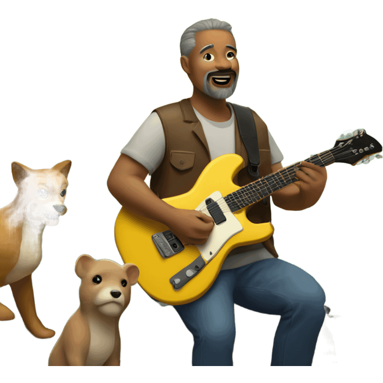 50 year old tan man with a goatee playing electric guitar in a forest with animals watching emoji