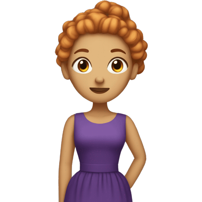 Woman with ginger frizzy hair in a bun wearing a purple dress with stars on it emoji