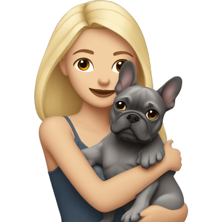 blonde woman with medium skin hugging dark gray french bulldog emoji