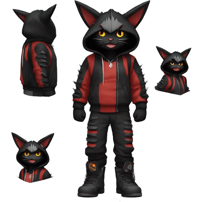 Cool Anthro Black Bat-Nargacuga-Litten-cat-Pokémon with edgy stripes hoodie spiked collar punk techwear Full Body emoji