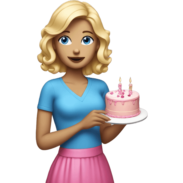 Blonde woman with blue eyes holding a pink birthday cake  emoji