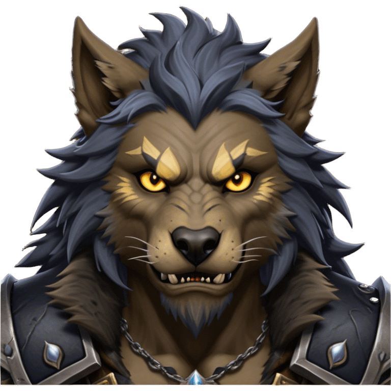 Cinematic Realistic WoW Worgen Portrait, depicted as a fearsome blend of man and beast, with rugged, dark fur intermingling with tanned, weathered skin. His piercing amber eyes and fierce expression are framed by disheveled hair and subtly detailed, worn leather attire in dark, consistent hues. Rendered with lifelike texture and dramatic, natural lighting, high shine, noble and formidable, capturing the primal nobility of a legendary worgen warrior. emoji