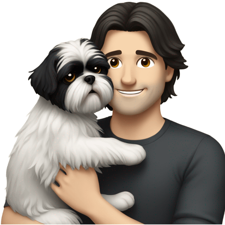 White Man with dark hair hugging black shih tzu  emoji