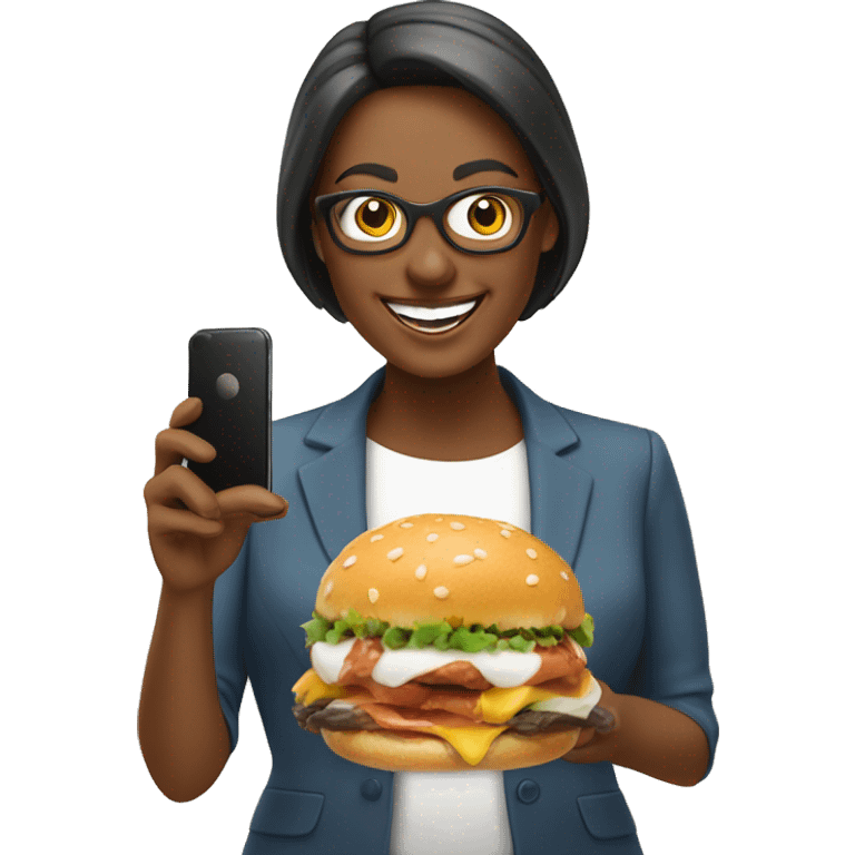 Happy Lady corporate business owner shooting food photos & videos with her phone emoji