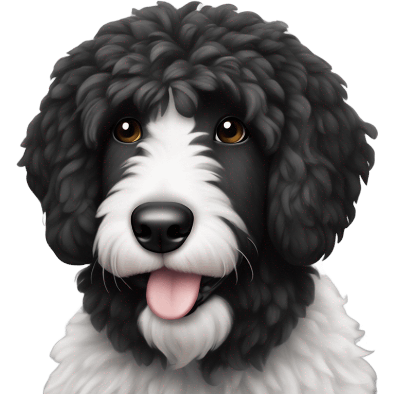 A black and white sheepadoodle with a black patch around his eye  emoji