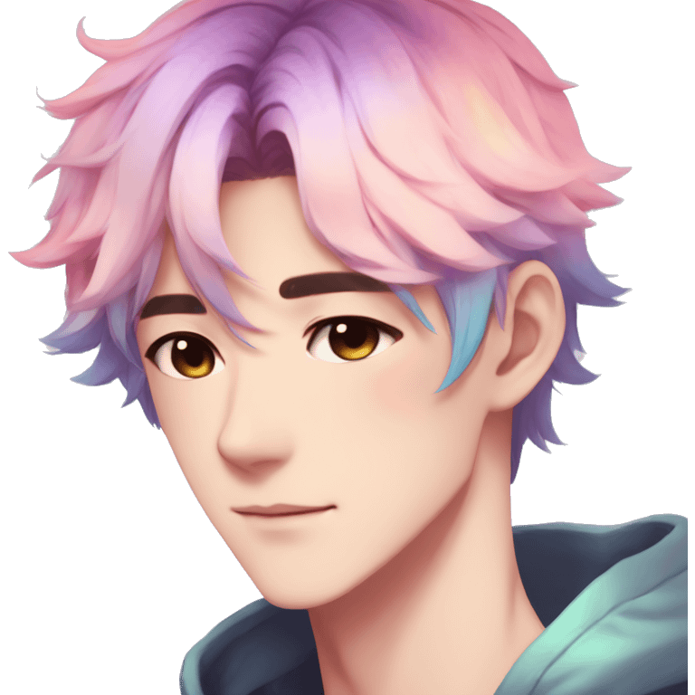 Gorgeous anime style guy with blushing face aesthetic and pretty colorful shiny gradient pastel hair trending style emoji