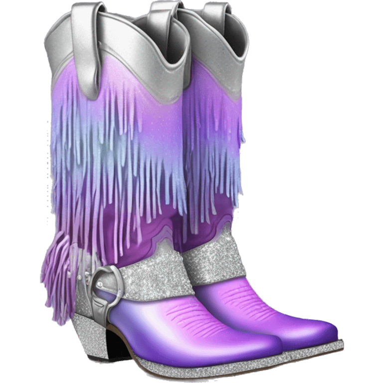 Realistic silver and pastel purple ombre pair of fashion cowgirl boots with sparkly shiny glitter fringe on them. emoji