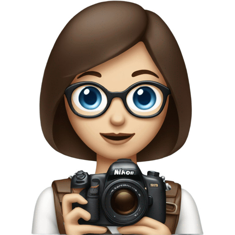 Portrait of stylish woman with blue eyes and chocholate bob hair holding a nikon camera emoji