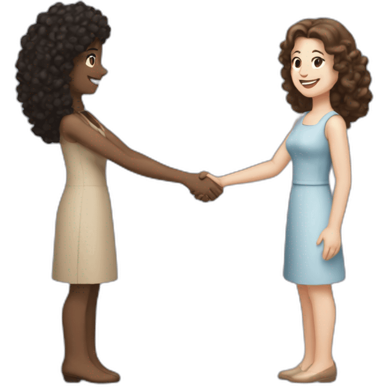 mid-sized pale woman with straight brown hair shakes hands with a tan mid-sized woman with black curly hair emoji