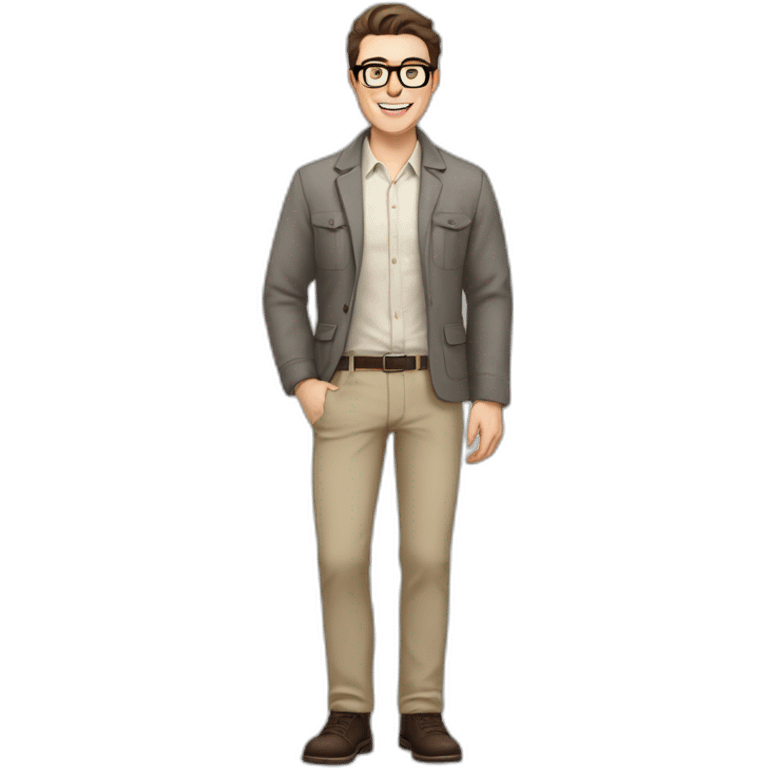 Joyful Full height Pale skinned Fit Man With dark brown hair in gray jacket, beige office shirt, Brown pants and vintage glasses. His thrumbs up emoji